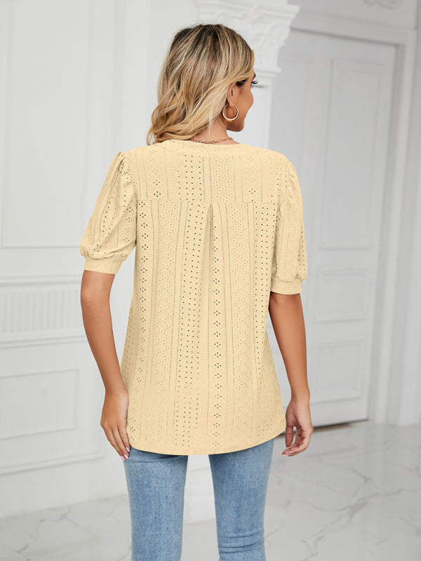 Top- Eyelet V-Neck Blouse - Summer Puff Sleeve Top- - Pekosa Women Clothing