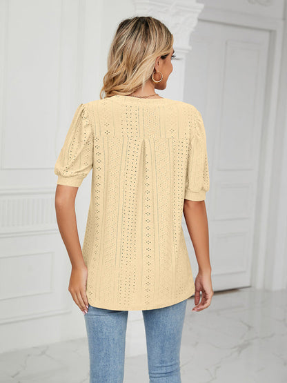 Top- Eyelet V-Neck Blouse - Summer Puff Sleeve Top- - Pekosa Women Clothing