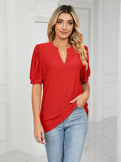 Top- Eyelet V-Neck Blouse - Summer Puff Sleeve Top- - Pekosa Women Clothing