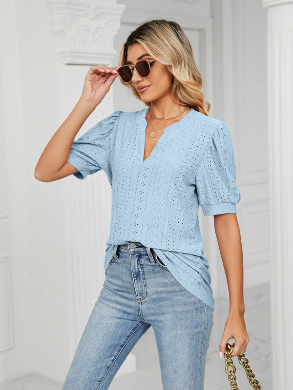 Top- Eyelet V-Neck Blouse - Summer Puff Sleeve Top- - Pekosa Women Clothing