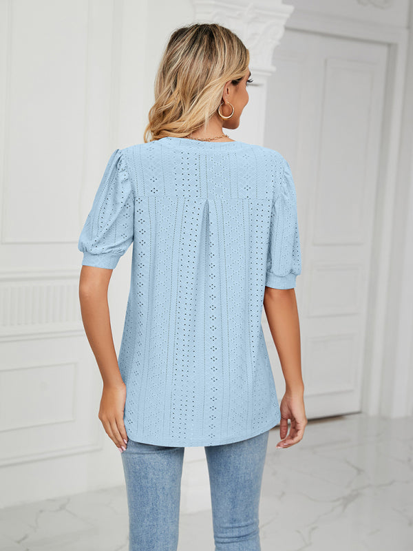 Top- Eyelet V-Neck Blouse - Summer Puff Sleeve Top- - Pekosa Women Clothing