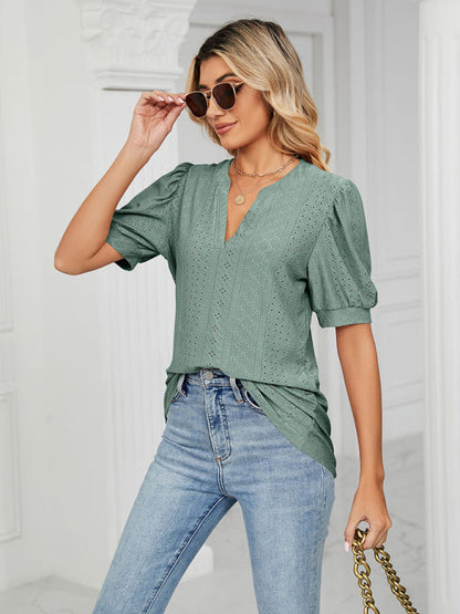 Top- Eyelet V-Neck Blouse - Summer Puff Sleeve Top- - Pekosa Women Clothing