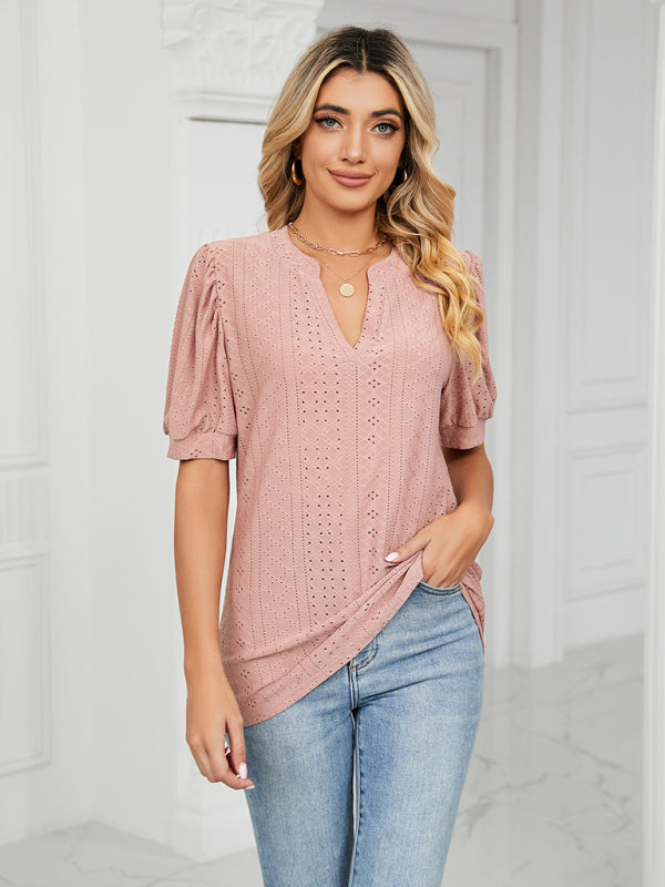 Top- Eyelet V-Neck Blouse - Summer Puff Sleeve Top- - Pekosa Women Clothing