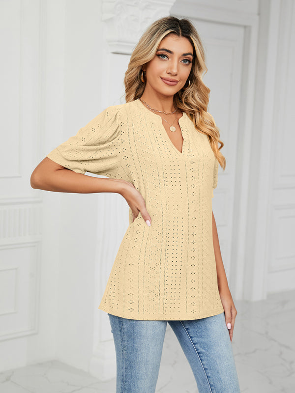 Top- Eyelet V-Neck Blouse - Summer Puff Sleeve Top- - Pekosa Women Clothing