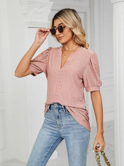 Top- Eyelet V-Neck Blouse - Summer Puff Sleeve Top- - Pekosa Women Clothing