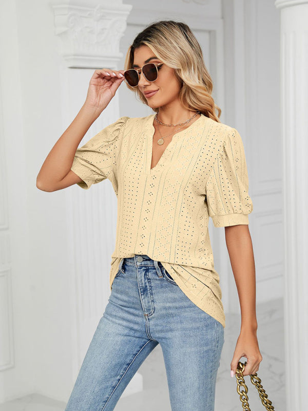 Top- Eyelet V-Neck Blouse - Summer Puff Sleeve Top- Yellow- Pekosa Women Clothing