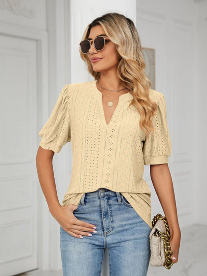 Top- Eyelet V-Neck Blouse - Summer Puff Sleeve Top- - Pekosa Women Clothing