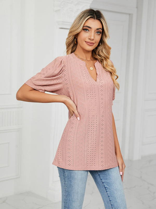 Top- Eyelet V-Neck Blouse - Summer Puff Sleeve Top- - Pekosa Women Clothing