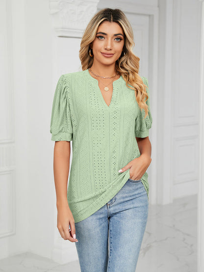 Top- Eyelet V-Neck Blouse - Summer Puff Sleeve Top- - Pekosa Women Clothing