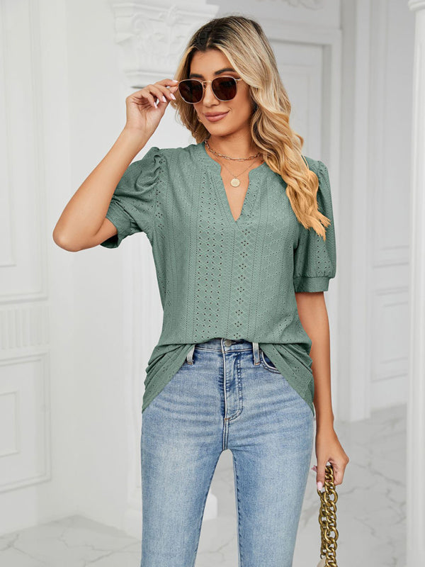 Top- Eyelet V-Neck Blouse - Summer Puff Sleeve Top- - Pekosa Women Clothing