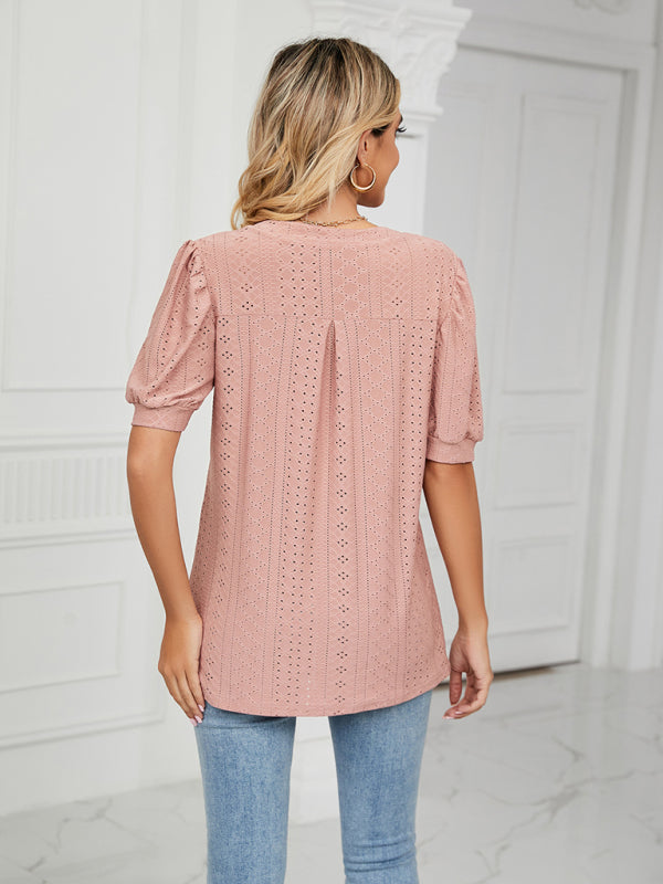 Top- Eyelet V-Neck Blouse - Summer Puff Sleeve Top- - Pekosa Women Clothing