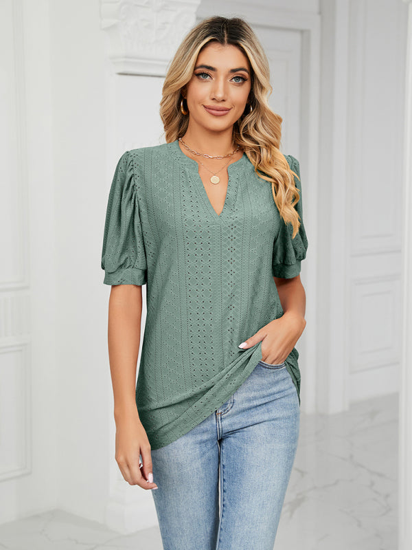 Top- Eyelet V-Neck Blouse - Summer Puff Sleeve Top- - Pekosa Women Clothing