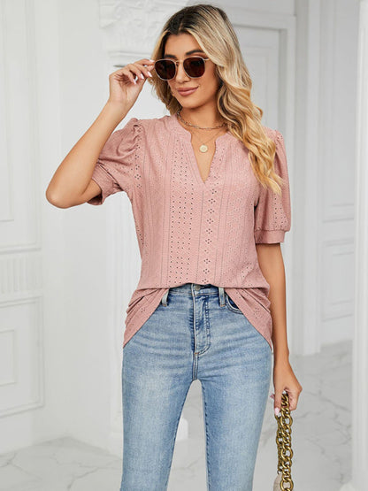 Top- Eyelet V-Neck Blouse - Summer Puff Sleeve Top- - Pekosa Women Clothing