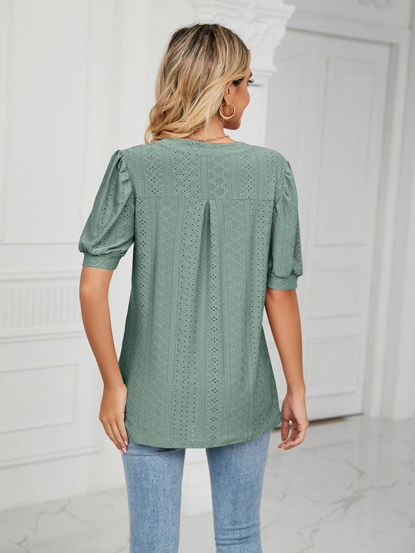 Top- Eyelet V-Neck Blouse - Summer Puff Sleeve Top- - Pekosa Women Clothing