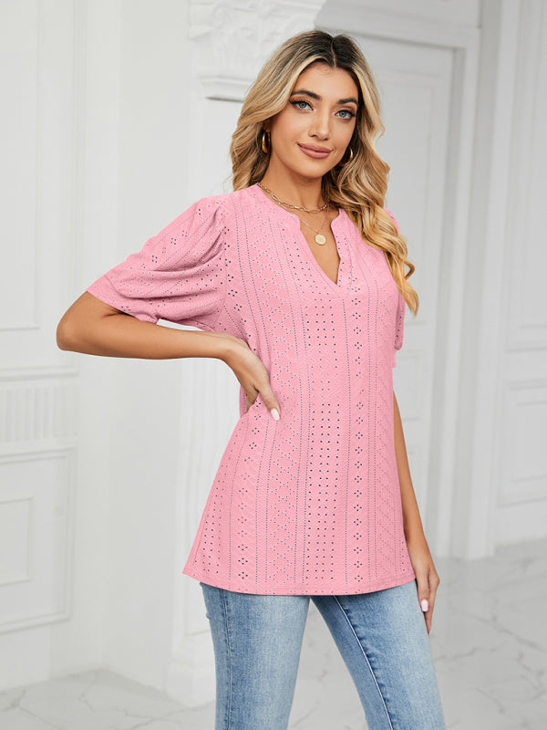 Top- Eyelet V-Neck Blouse - Summer Puff Sleeve Top- - Pekosa Women Clothing