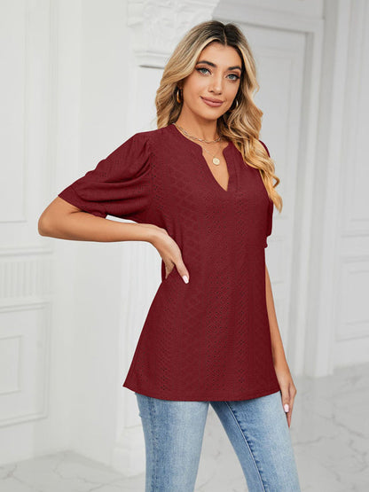 Top- Eyelet V-Neck Blouse - Summer Puff Sleeve Top- - Pekosa Women Clothing