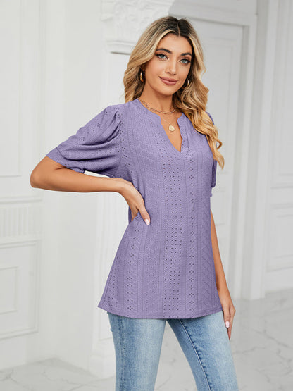 Top- Eyelet V-Neck Blouse - Summer Puff Sleeve Top- - Pekosa Women Clothing