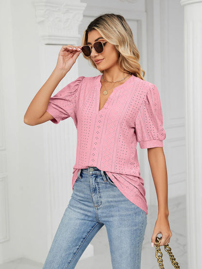 Top- Eyelet V-Neck Blouse - Summer Puff Sleeve Top- - Pekosa Women Clothing