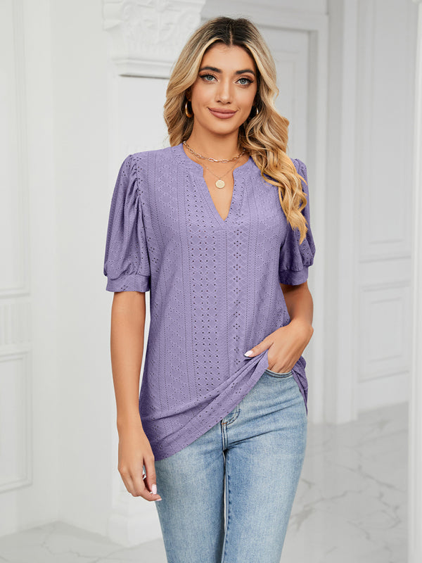 Top- Eyelet V-Neck Blouse - Summer Puff Sleeve Top- - Pekosa Women Clothing