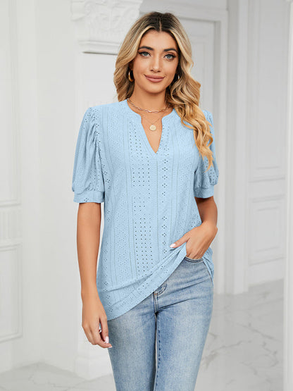 Top- Eyelet V-Neck Blouse - Summer Puff Sleeve Top- Sky blue azure- Pekosa Women Clothing