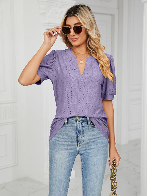 Top- Eyelet V-Neck Blouse - Summer Puff Sleeve Top- Purple- Pekosa Women Clothing