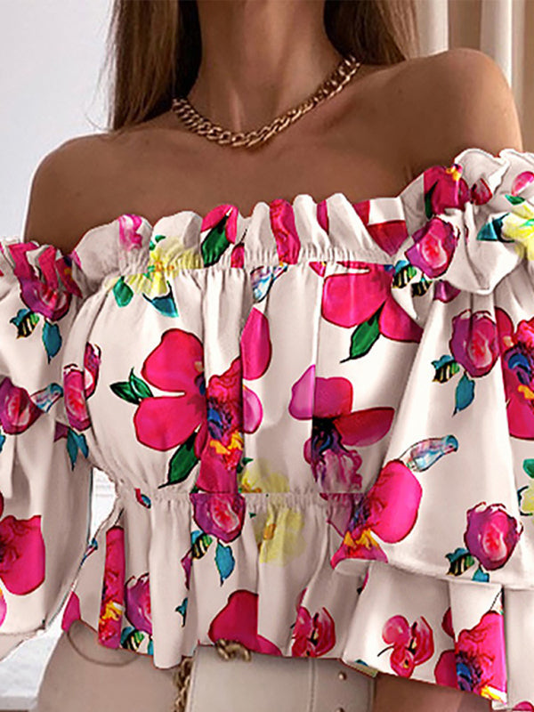 Top- Flirty Trendy Casual Look Floral Polkadot Stripe Off-Shoulder Blouse- - Pekosa Women Clothing