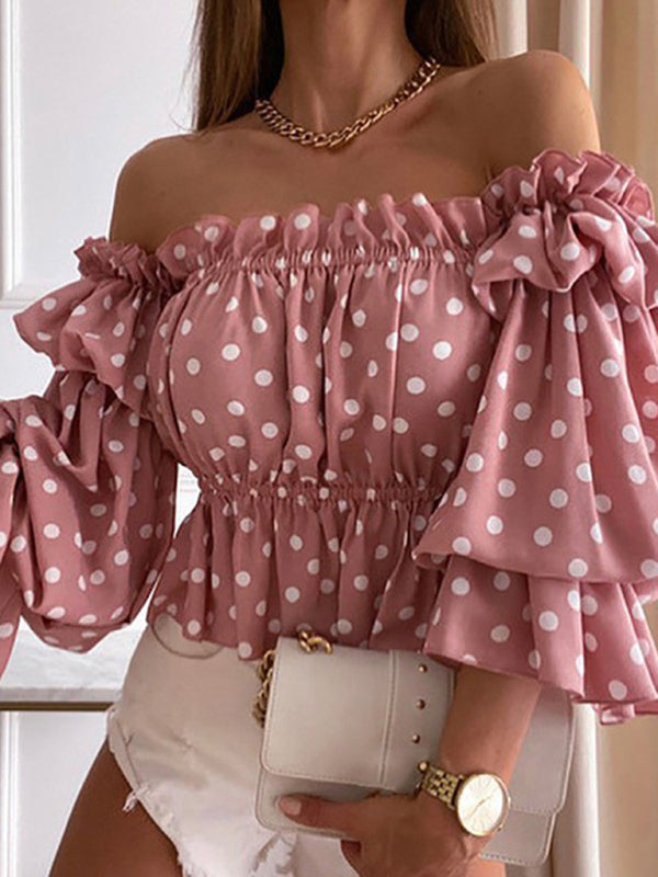 Top- Flirty Trendy Casual Look Floral Polkadot Stripe Off-Shoulder Blouse- Pink- Pekosa Women Clothing