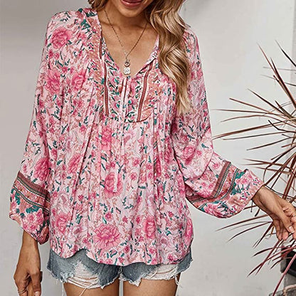 Top- Floral Boto Tie Front V Neck Tunic Top- - Pekosa Women Clothing