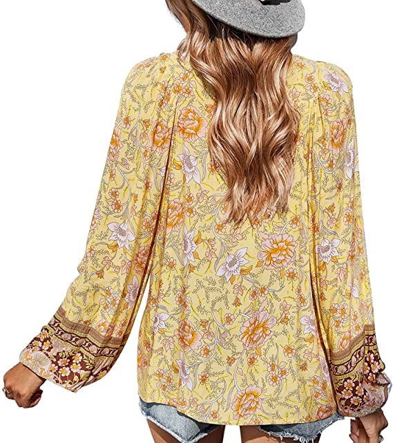 Top- Floral Boto Tie Front V Neck Tunic Top- - Pekosa Women Clothing