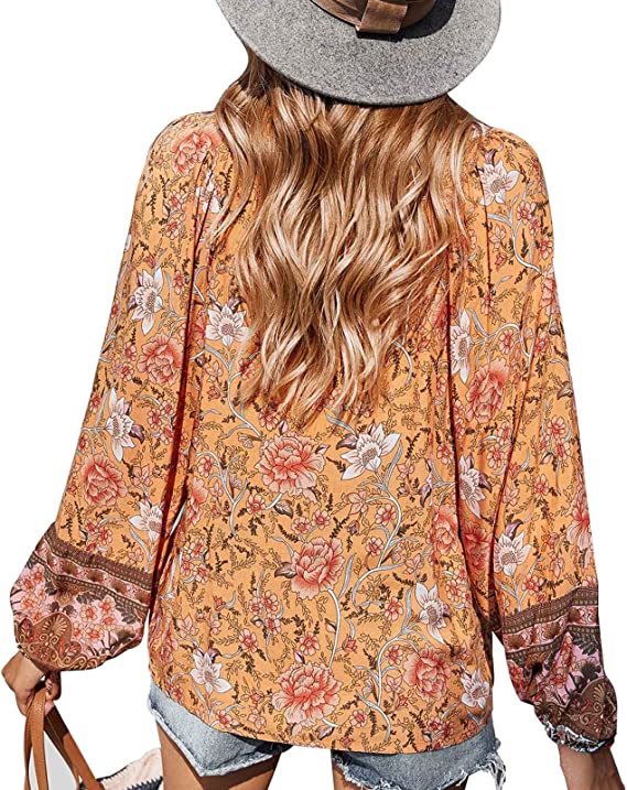 Top- Floral Boto Tie Front V Neck Tunic Top- - Pekosa Women Clothing