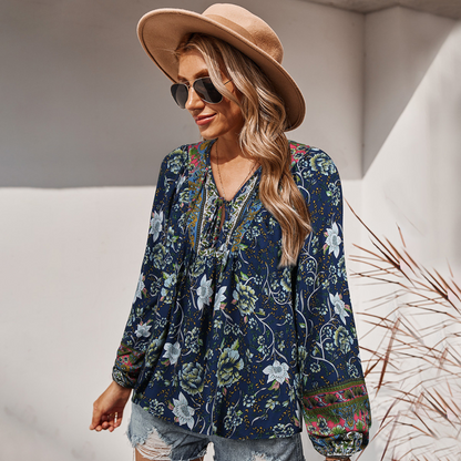 Top- Floral Boto Tie Front V Neck Tunic Top- Navy Blue- Pekosa Women Clothing