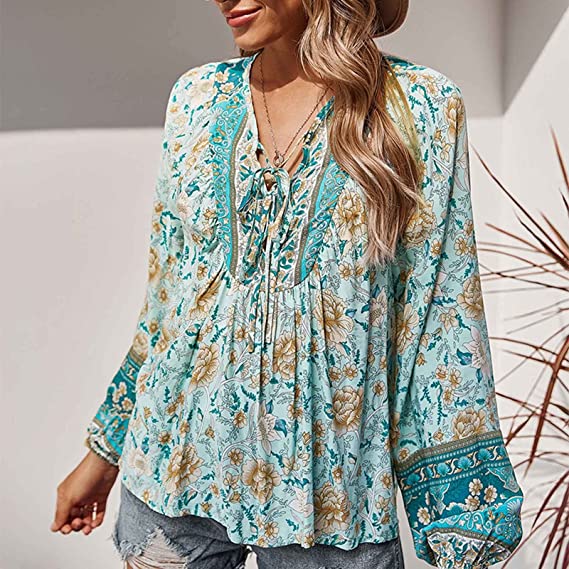 Top- Floral Boto Tie Front V Neck Tunic Top- - Pekosa Women Clothing