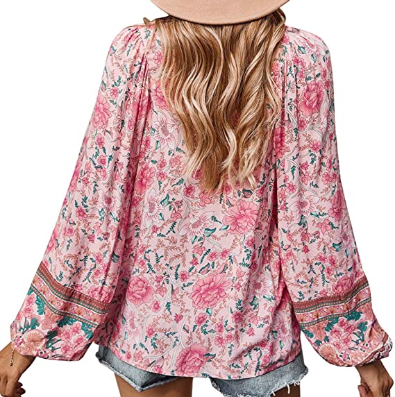 Top- Floral Boto Tie Front V Neck Tunic Top- - Pekosa Women Clothing