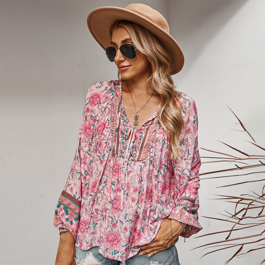Top- Floral Boto Tie Front V Neck Tunic Top- Pink- Pekosa Women Clothing