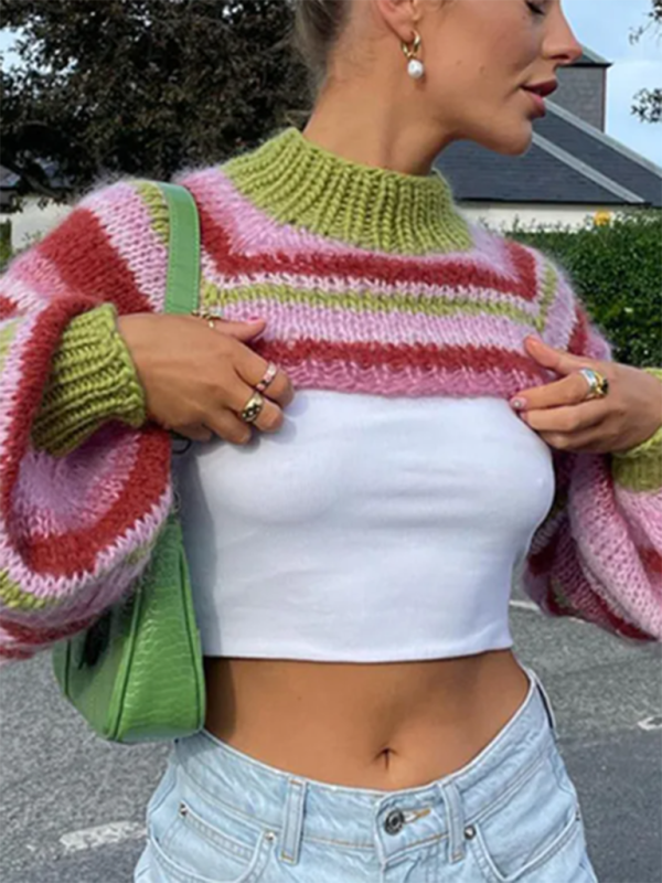 Top Knitwears- Crochet Stripe Sweater - Women's Balloon Sleeves Crop Knitwear- - Pekosa Women Clothing