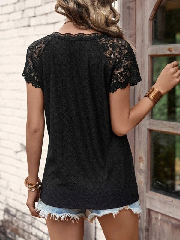 Top- Lace-Embellished V-Neck Blouse - Women's Short Sleeve Shirt Top- - Pekosa Women Clothing