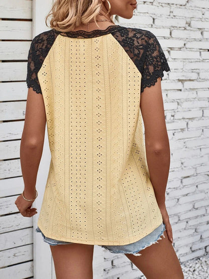 Top- Lace-Embellished V-Neck Blouse - Women's Short Sleeve Shirt Top- - Pekosa Women Clothing