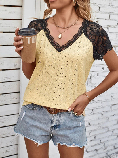 Top- Lace-Embellished V-Neck Blouse - Women's Short Sleeve Shirt Top- - Pekosa Women Clothing