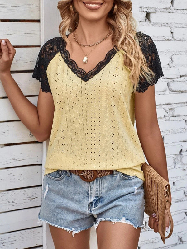 Top- Lace-Embellished V-Neck Blouse - Women's Short Sleeve Shirt Top- - Pekosa Women Clothing