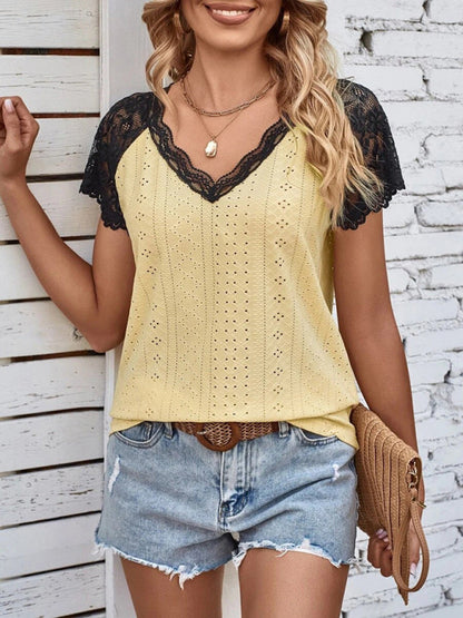 Top- Lace-Embellished V-Neck Blouse - Women's Short Sleeve Shirt Top- - Pekosa Women Clothing