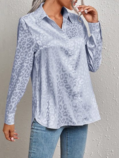 Top- Modern Trendy: Women's Leopard Shirt Lapel Neck Long Sleeve Button Top- Blue- Pekosa Women Clothing