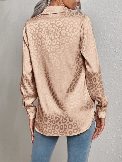 Top- Modern Trendy: Women's Leopard Shirt Lapel Neck Long Sleeve Button Top- - Pekosa Women Clothing