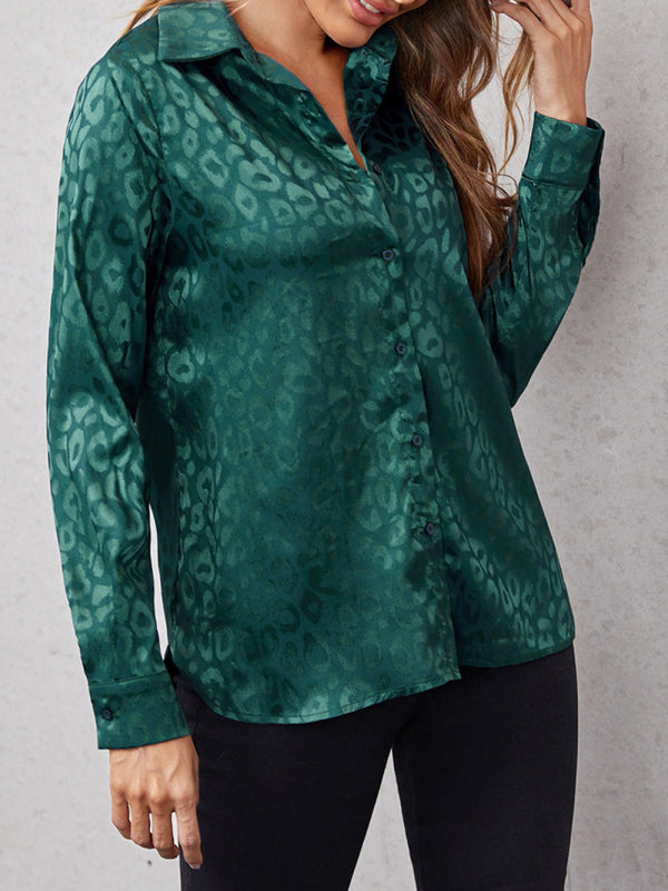 Top- Modern Trendy: Women's Leopard Shirt Lapel Neck Long Sleeve Button Top- Green- Pekosa Women Clothing