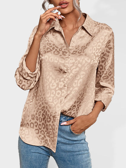 Top- Modern Trendy: Women's Leopard Shirt Lapel Neck Long Sleeve Button Top- Khaki- Pekosa Women Clothing