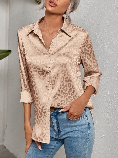 Top- Modern Trendy: Women's Leopard Shirt Lapel Neck Long Sleeve Button Top- - Pekosa Women Clothing