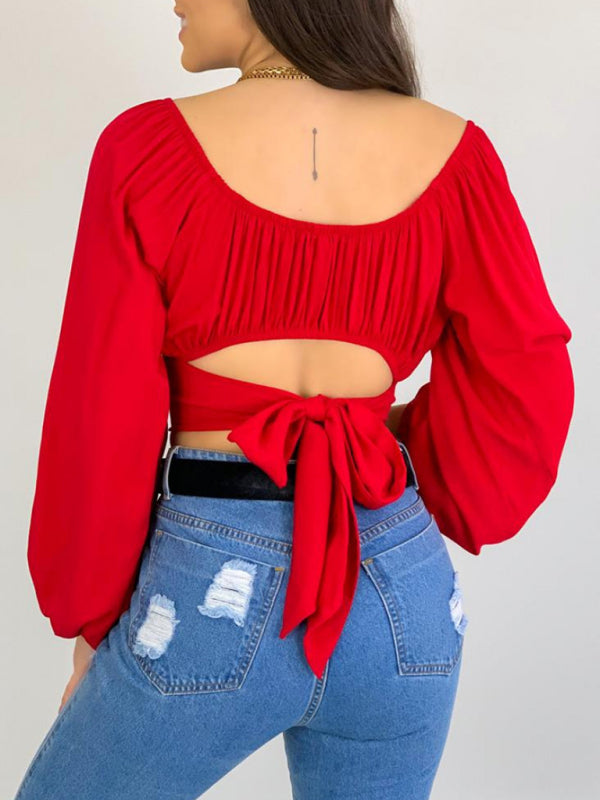 Top- Off-Shoulder Balloon Sleeve Crop Top for Women - Blouse- - Pekosa Women Clothing