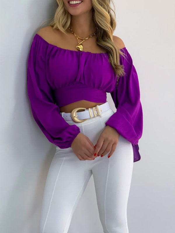 Top- Off-Shoulder Balloon Sleeve Crop Top for Women - Blouse- - Pekosa Women Clothing