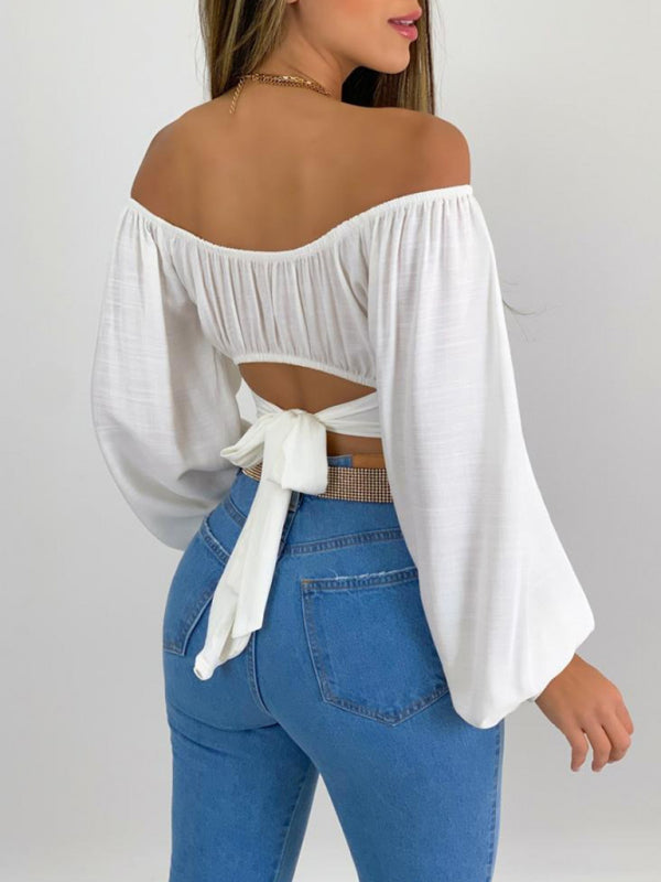 Top- Off-Shoulder Balloon Sleeve Crop Top for Women - Blouse- - Pekosa Women Clothing