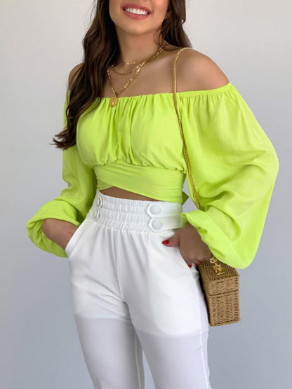 Top- Off-Shoulder Balloon Sleeve Crop Top for Women - Blouse- Yellow- Pekosa Women Clothing