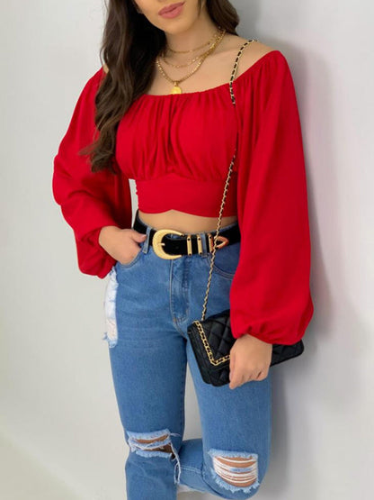 Top- Off-Shoulder Balloon Sleeve Crop Top for Women - Blouse- - Pekosa Women Clothing